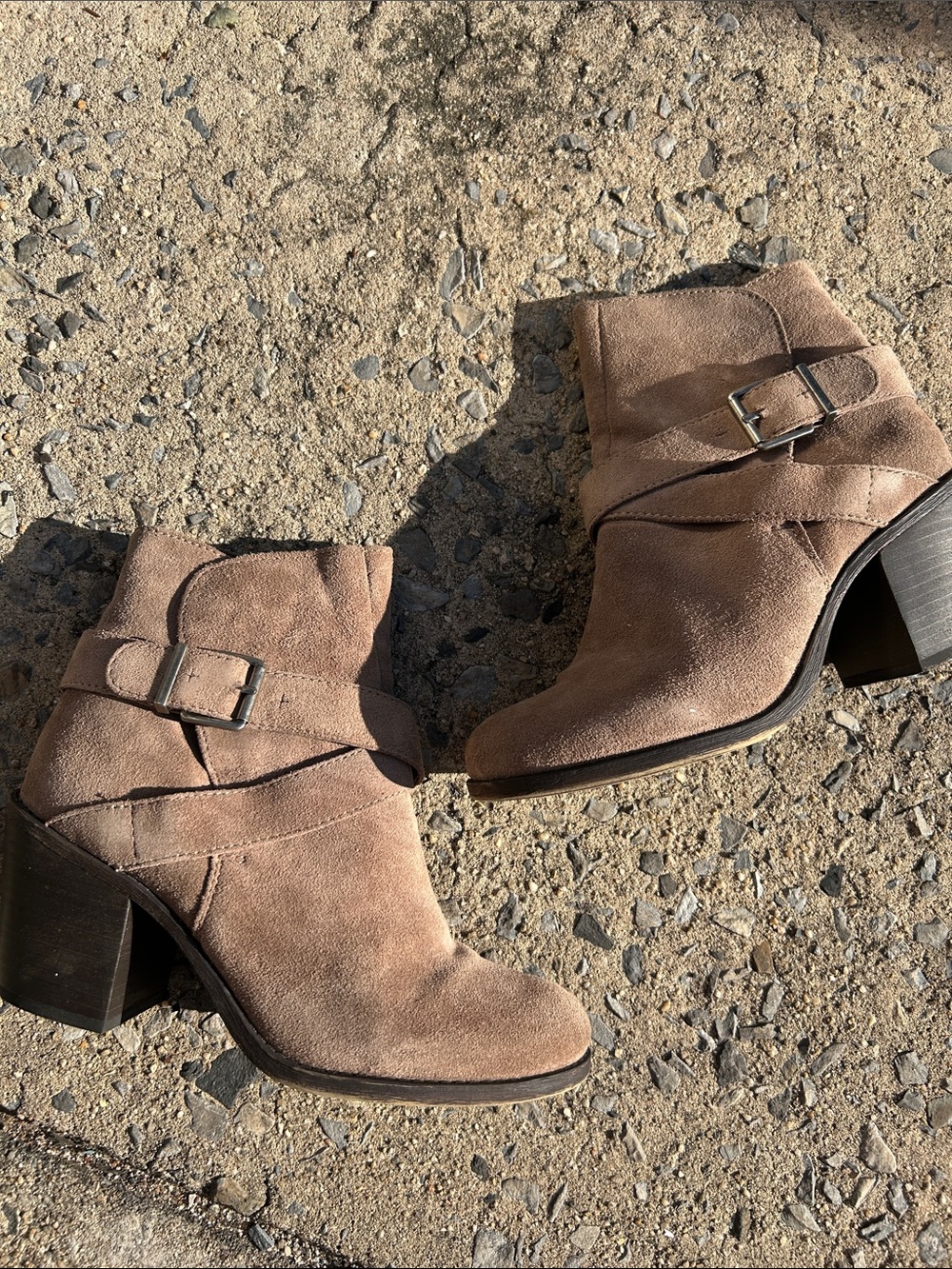 BCBGeneration Maya Nubuck Smoke Taupe Suede Buckle Ankle Boots